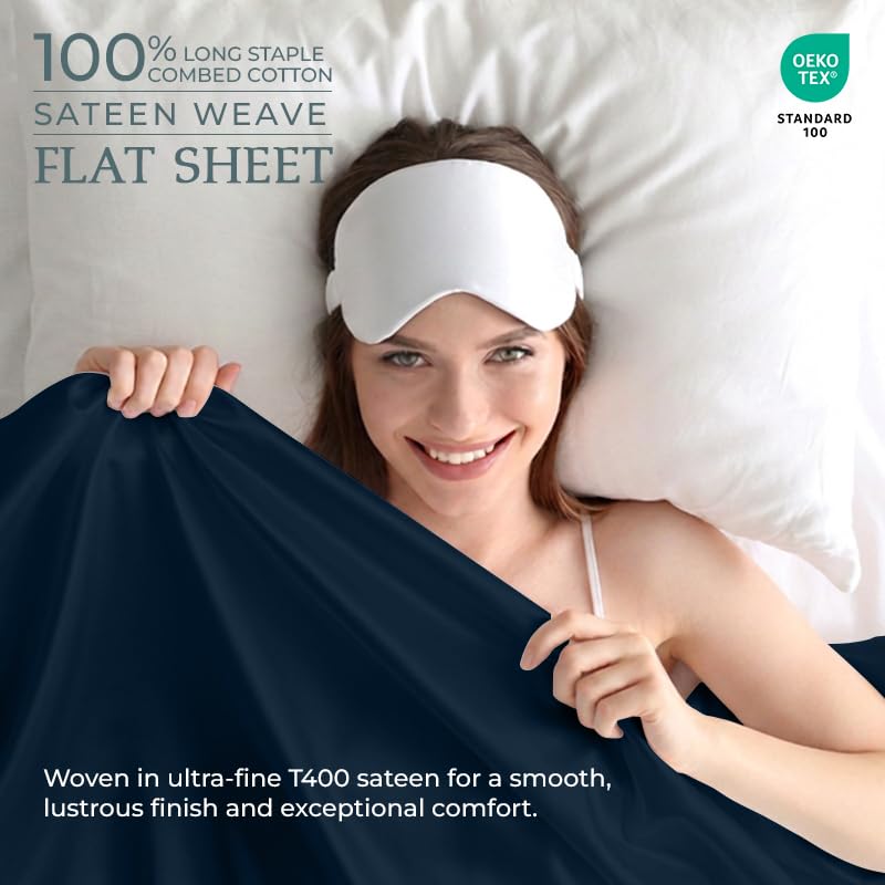 Image of Royale Linen 400 Thread Count 100% Cotton Flat Sheets Only - Cooling Sheets - King Flat Bed Sheets Sold Separately - Luxury Sateen Weave - Breathable & Super Soft Top Sheet Only (King, Rivera Navy)