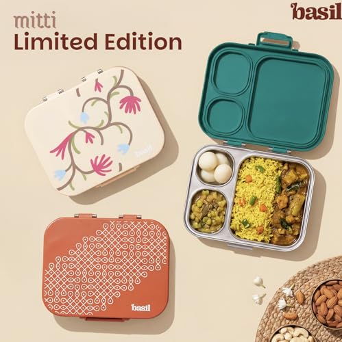 Image of Basil Bento Box Quad Plus - 3+1 Compartment Stainless Steel Lunch Box (1020ml) with BPA-Free Lid | Leak-Proof Tiffin for Kids & Adults | Premium Lunch Box for School, Office & Picnic - Tanjore Kolam