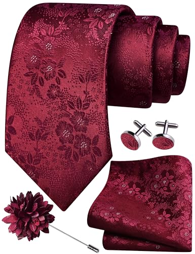 GUSLESON Burgundy Tie for Men Solid Silk Floral Wedding Necktie Pocket Square Cufflinks and Lapel Pin Brooch Set (6107-05)