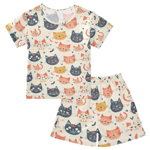 ALAZA Romantic Cat Kitten Love Heart Pajamas Set Short Sleeve Cotton Sleepwear Summer Pjs 2 Piece 5-14Y