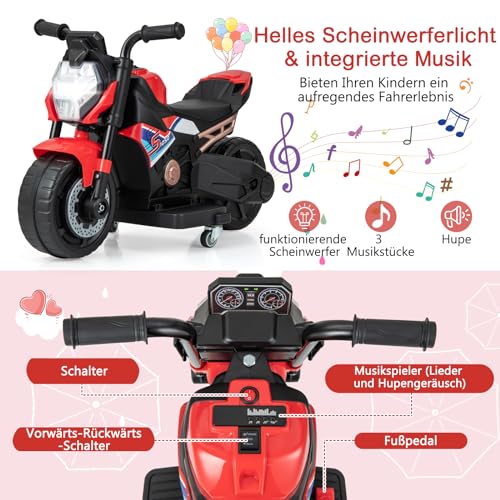 DREAMADE Elektro Motorrad Kinder mit Scheinwerfer & Musik & Hupe, Kindermotorrad mit abnehmbaren Stützrädern, 2-3 km/h Elektromotorrad Elektrofahrzeug, Elektro Motorrad für Kinder ab 18 Monaten (Rot) – Bild 4