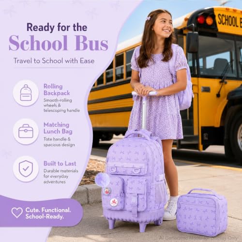 Image of CCJPX Rolling Backpack for Girls, 3Pcs Roller Wheeled School Bookbag, Bow Wheels Backpacks with Lunch Box for Kids (Purple)