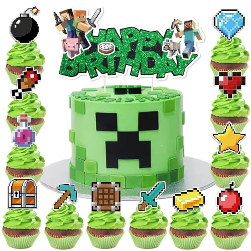YOGARTH 25 Stück Pixe Tortendeko Nicht Essbare für Jungen Kuchen Deko Kindergeburtstag aus Papier Cake Topper Set für Kinder Geburtstag Party Kuchen Dekoration Supplies