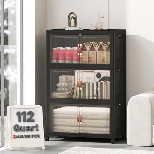 Image of UAMFURI 336QT Lockable Storage Bins with Lids - Stackable Storage Cabinet with Doors and Wheels, Collapsible Plastic Organizer and Containers for Bedroom Dorm Office Garage, 3 Pack Cubes | Stackable Organizer with Doors & Wheels, Foldable Containers for Bedroom, Dorm, Office & Garage Storage