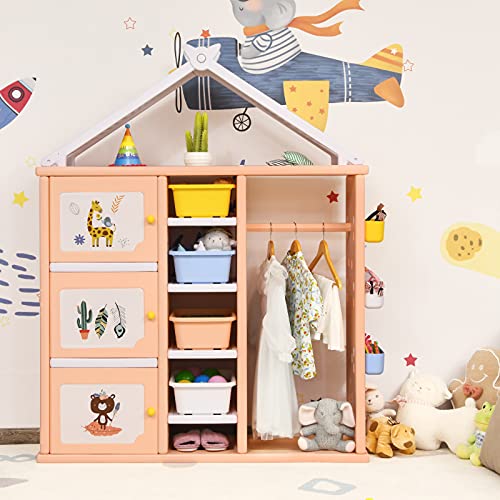 Costzon Kids Dress Up Costume Storage Closet, Children Pretend Dresser Wardrobe Closet W/Bins, Shelves, Side Baskets, Hanging Armoire Closet Costume Organizer Center For Kids Room Bedroom (Pink) #TOP1