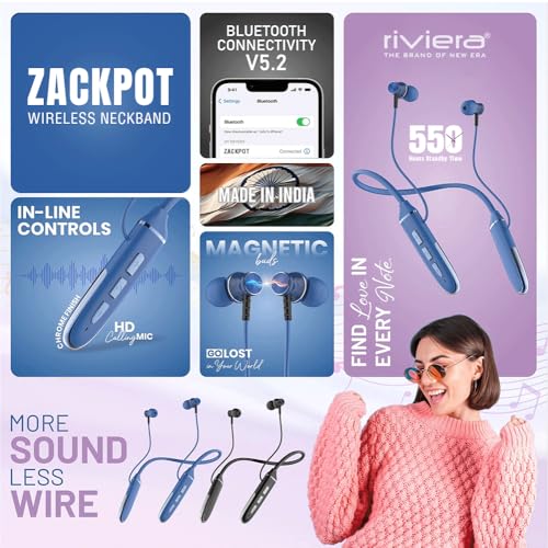 Image of Riviera Zackpot Bluetooth Earphones Wireless, 55 Hours Playtime in Ear Neckband, BT V5.2 with Microphone, Magnatic Earbuds, Sweatproof Deep Bass, Type C Interface - Blue.