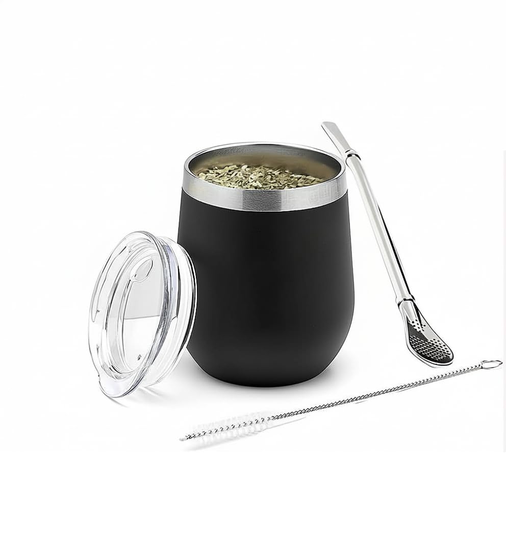 SYOSI Yerba Mate Tea Cup And Bombilla Straw Set 12oz double-wall Stainless Coffee Water Tea Cup Natural Mate Gourd Cup Kit For Yerba Mate Loose Leaf Drinking, Easy to Clean (Black Silver Edge)