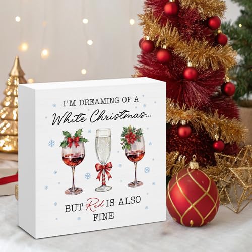 Image of Christmas Wine Decor, Wine Wood Box Sign, Drinks Lovers Gifts for Women Men, Farmhouse Christmas Home Office Decorations for Desk Table Shelf 5 X 5 Inches