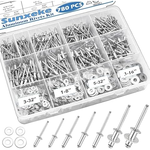 Sunxeke 780pcs Pop Rivets with Washers Assortment Kit,14 Sizes SAE Aluminum Rivets(3/32 1/8 5/32 3/16 1/4 inch) and 4 Sizes washers,Assorted Blind Rivets for DIY/Automotive Repairs/Furniture with Box Cover