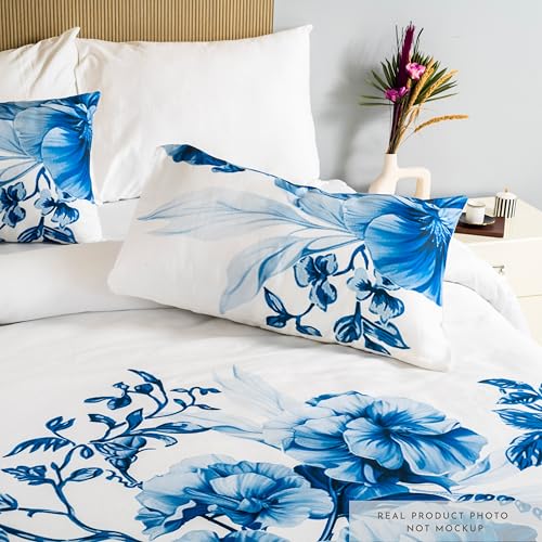 Image of Digitally Printed with Reactive Ink Tech | 300 TC 100% Organic Cotton Premium Bedsheet Set | Ultra-Soft Satin-Like Finish - Floral Azure Blue
