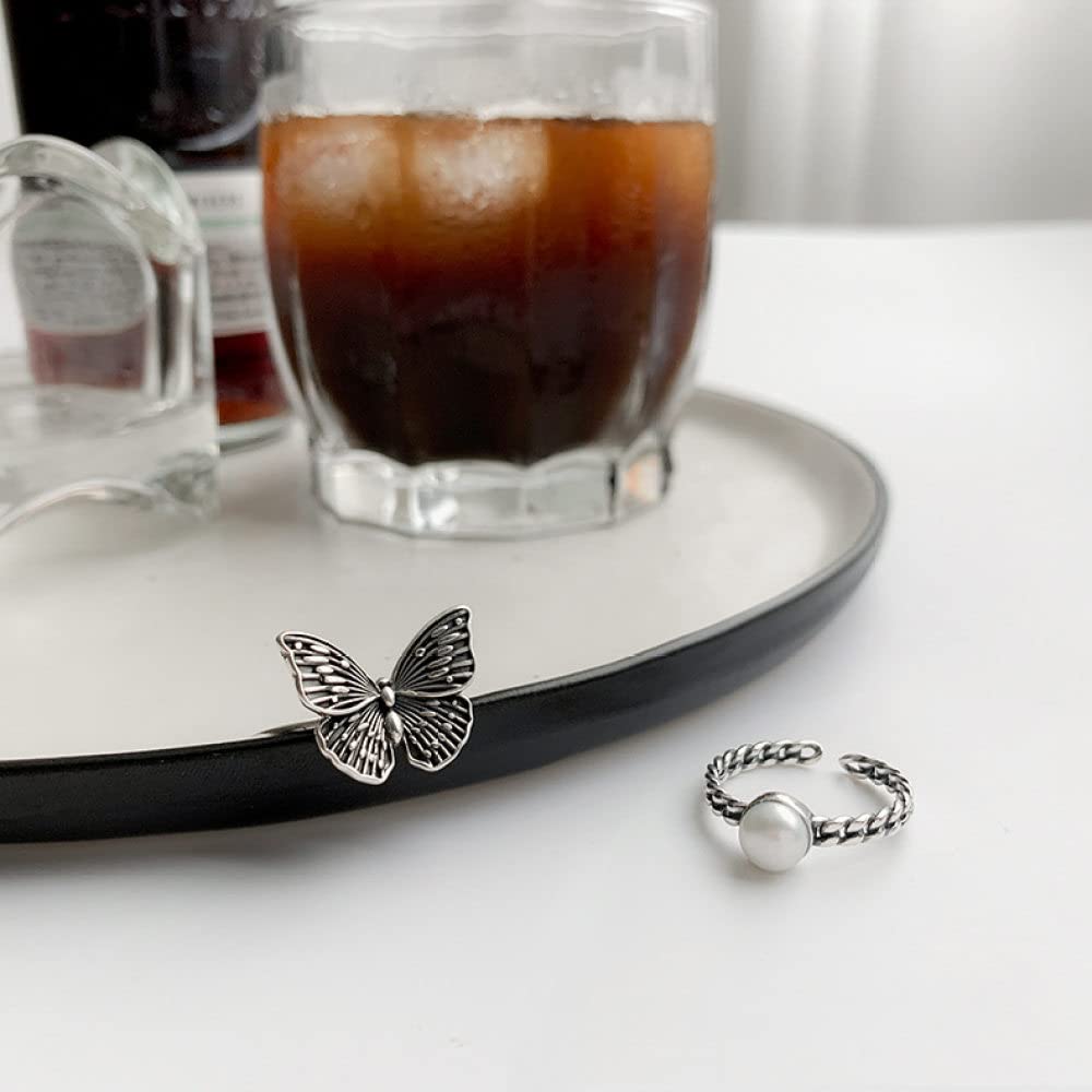 HGJH Verstellbarer Ring, S925 Sterling Silber Perlenring Verstellbare Ringe Retro Offener Ring Silber Daumenring Ewigkeitsring Hochzeitscharme Schmuck Geschenke Für Männer Mädchen Damen