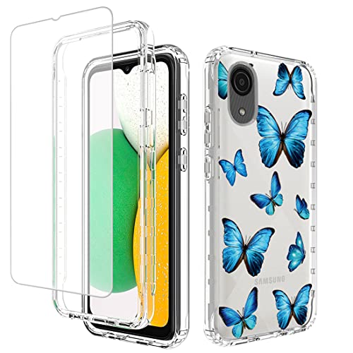 Ueokeird Case for Galaxy A03 Core Case, SM-A032F Case with Tempered-Glass Screen Protector, Clear Butterfly Pattern Full Body Protective Phone Cover Cases for Samsung Galaxy A03 Core (Blue Butterfly)