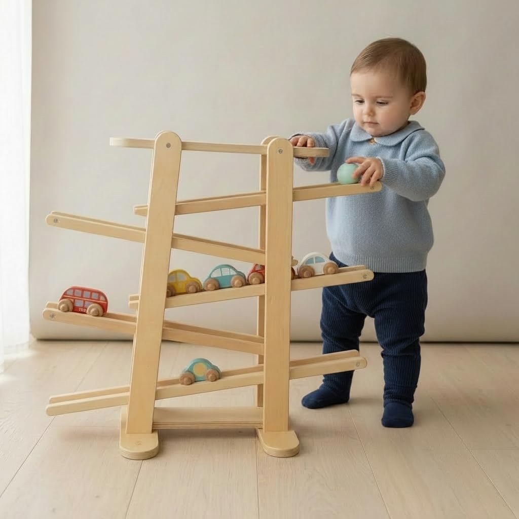 Große Kugelbahn aus Holz von Oh My Baby, Murmelbahn-Set, inklusive 9 Autos und Spielzeugbälle. Kugelbahn für Kinder ab 1 Jahr, Größe: 57 x 60 cm, FSC Lindenholz