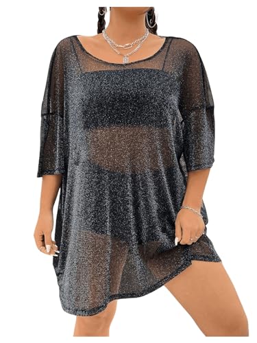 WDIRARA Women's Plus Size Sparkle Mesh Y2K Tee Top Loose Drop Shoulder Party Club Wear T Shirts