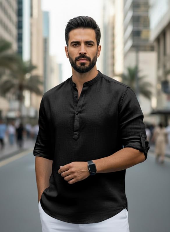 Image of Men Cotton Blend Mandarin Collar Casual Kurta Shirt | Roll-Up Sleeves | Regular Fit Ethnic Short Kurta for Daily