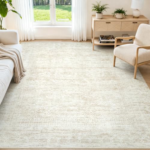5X7 Area Rug for Living Room, Washable Moroccan Geometric Rug Soft Non-Slip Rubber Vintage Boho Large Rug, Low Pile Farmhouse Carpet for Bedroom Dining Room Nursery Modern Office (Beige, 5'x7')