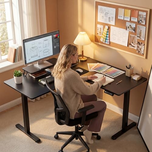 Image of Furmax 63 x 47 Inch L Shaped Standing Desk with 2 Preset Heights, Electric Height Adjustable Computer Desk, Corner Sit Stand Desk for Home Office, 2 Hooks & Feet Balance (Black, 63 x 47 Inch)