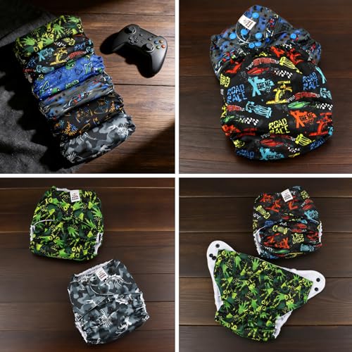 Image of Mama Koala 6 Pack Reusable Cloth Diapers 3.0 for Babies Girls Newborn, One-Size Adjustable Baby Diaper, Durable Stitching, Back Opening for Inserts, Breathable Awj Lining, Leak Prevention-Games&Aliens