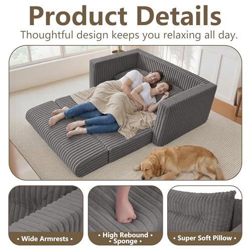 Image of HABUTWAY 49.8 inch Loveseat Boneless Couch, 4-in-1 Convertible Sofa Bed, Plush Fur Folding Futon Sofa Bed Couches with a Pillow for Living Room, High-Density Foam Support, No Assembly Required, Grey