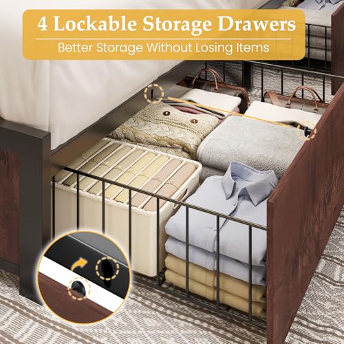 Image of Lifezone King Bed Frame with 2-Tier Storage Headboard, Metal Platform Bed Frame with 4 Storage Drawers, Built in Charging Station & LED, Noise-Free /Metal Support /No Box Spring Needed, Coffee Brown
