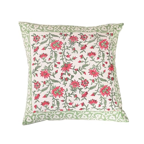 Image of Cotton Cushion Covers 16x16 Inch - Hand Block Floral Print Pillow Covers for Sofa, Couch & Bedroom (Pack of 5) (Green)