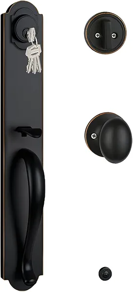 HISAFE Front Door Handle in Camelot Trim, Exterior Door Handleset with Single Cylinder Deadbolt&Knob, Right & Left Handed, 17.72'' Length Handleset, Oil Rubbed Bronze Finish