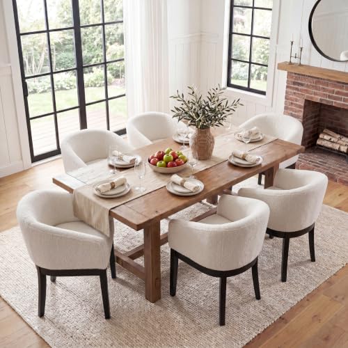 Image of HNY Barrel Dining Chairs Set of 6, Mid Century Modern Upholstered Dining Chairs with Arms, Sherpa Boucle Kitchen & Dining Room Chairs, Solid Wood Frame Accent Chairs for Kitchen, Apartment, White