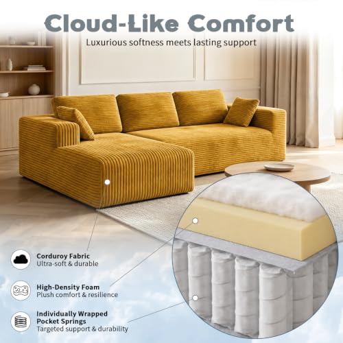Image of 93 inch L-Shaped Modular Sectional Sofa with Chaise, Boneless Corduroy Cloud Couch with Deep Seat and Oversized Comfort, Flexible Module Combination for Living Room, No Assembly Required