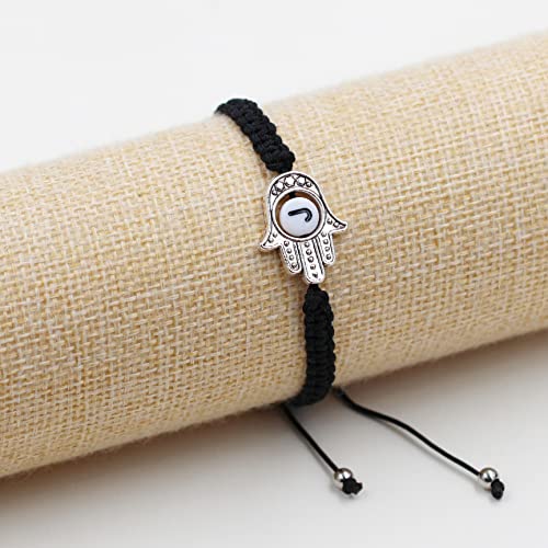 Image of Uloveido Customized A to Z 26 Letters Hand of Fatima Bracelet - Fatima Hamsa Hand Evil Eye Protection Bracelet Lucky Charm Adjustable Braided Black String