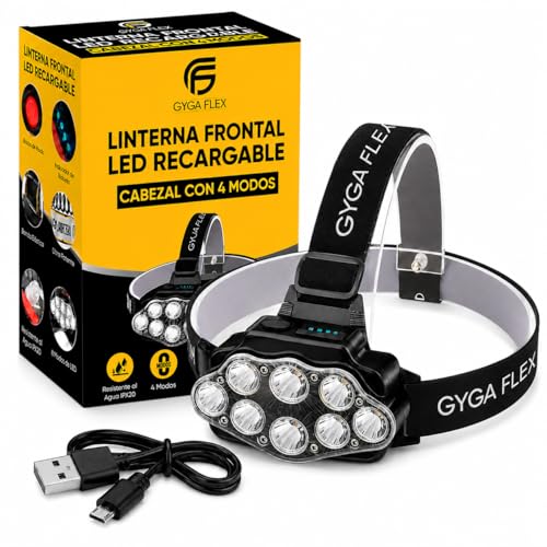 GygaFlex Linterna Frontal LED Recargable, Alta Potencia con 4 Modos, Ajustable 90°, Alcance hasta 100 Metros, Resistente al Agua IPX20, Luz de Cabeza para Running, Camping, Pesca, Ciclismo y Trabajo