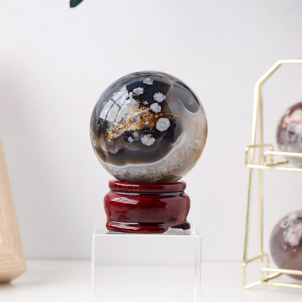 Cristal naturel d'agate fleur de cerisier noir en boule pour harmoniser le salon