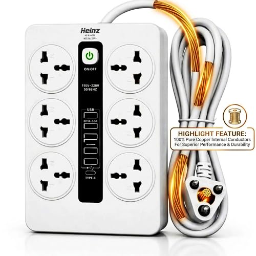 Image of MD Proelectra Premium Strong Extension Board with 6 Universal Sockets, 5 USB Ports, 1 Type-C, 2500W Power Strip with LED Display and Master Switch, Multi Plug Board for Home & Office