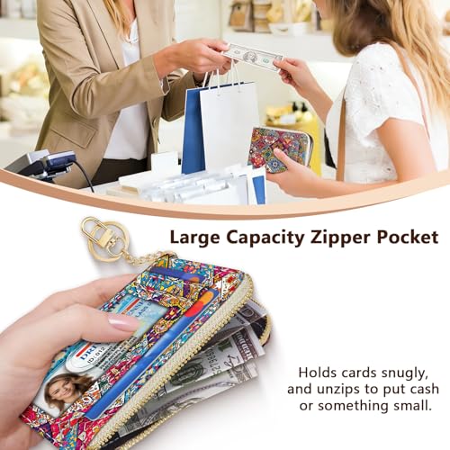 Image of GIANCOMICS Slim Wallet Credit Card Holder Women, Boho Bohemian Mandala Rfid Blocking Small Card Case, Keychain Thin Pocket Curved Zipper Wallet, Travel Card Holder PU Leather, Ladies Female Gifts