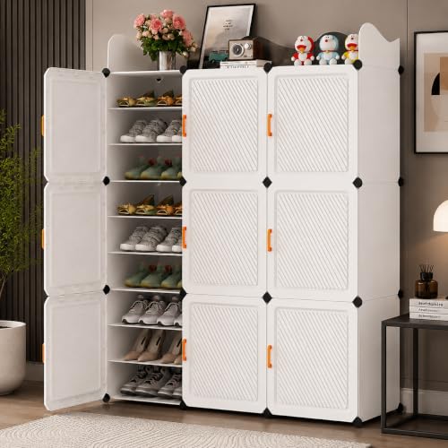 Image of Plastic Shoe Rack for Home with Door | 27-Shelf DIY Shoe Cabinet Organiser | Stores 54 Pairs | Foldable & Waterproof Shoe Stand for Entryway, Bedroom (White, 27-Layer)