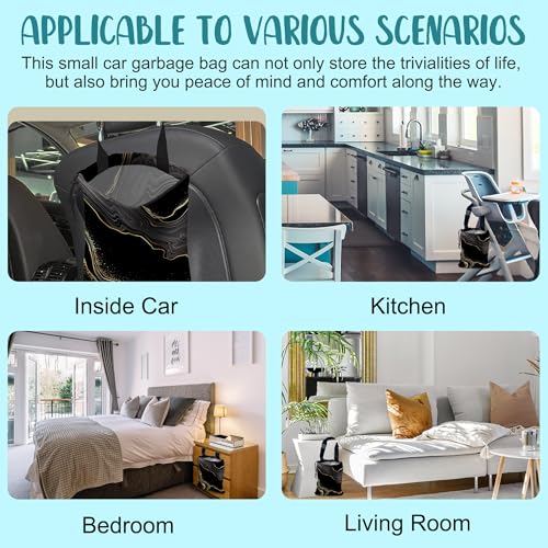 Image of Car Garbage Bag Abstract Marble Golden Veins Drawstring Car Trash Bag Hanging for Back Seat with Adjustable Buckle Canvas Vehicle Trash Can Easy-to-Install