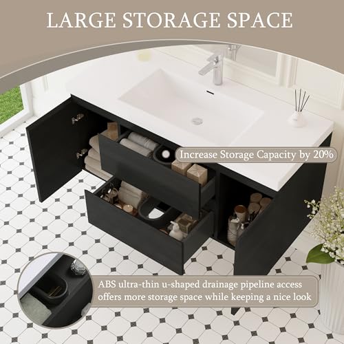 Image of KEIKI 48 inch Floating Bathroom Vanity with Sink, Pre-Assembled Wall-Mounted Vanity with Resin Basin, 2 Soft-Close Drawers & Doors, Modern Space-Saving Bathroom Cabinet, Black