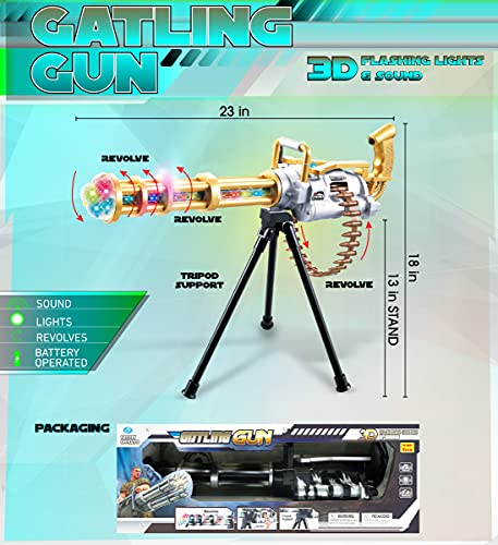Mozlly Light Up Gatling Revolving Gun, 23" Includes Tripod W/Flashing Leds Shooting Sounds Rotating Shotgun Military Rifle For Kids - Pretend Play Dress Up Cosplay Costume Accessories, Colors Vary #TOP1