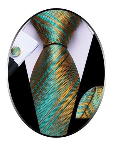 Image of Barry.Wang Tie Sets for Men Silk Stripe Necktie Woven Checkered Handkerchief Cufflinks Formal Business Wedding