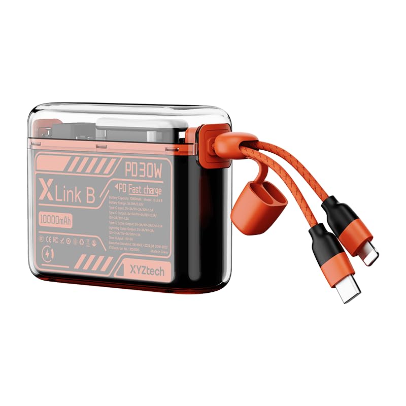 XYZtech X Link B Power Bank - 10000 mAh - Built-in Dual USB-C, iPh Cables and Flashlight, Compatible with iPhone and Samsung, Orange