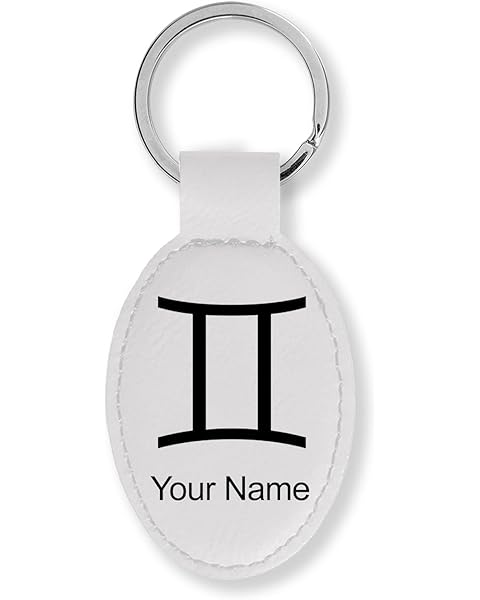 LaserGram Oval Keychain, Zodiac Sign Gemini, Personalized Engraving Included (White)