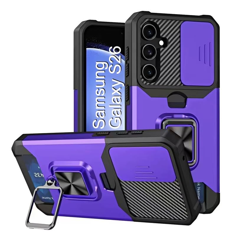 Image of LuxuryKase Shockproof Armor Case for Samsung Galaxy S26 | Slide Camera Cover | Hidden Card Slot | Rotating Ring Kickstand | Magnetic Car Mount Support | Military Grade Protection - Purple