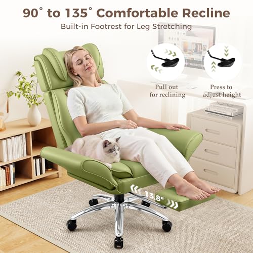 Image of Big and Tall Office Chair, Flip Armrests for Pets & Cross Legged Sitting, Ergonomic Leather Executive Desk Chair with Foot Rest, High-Back Reclining Computer Chairs for Home Office Gaming, Green