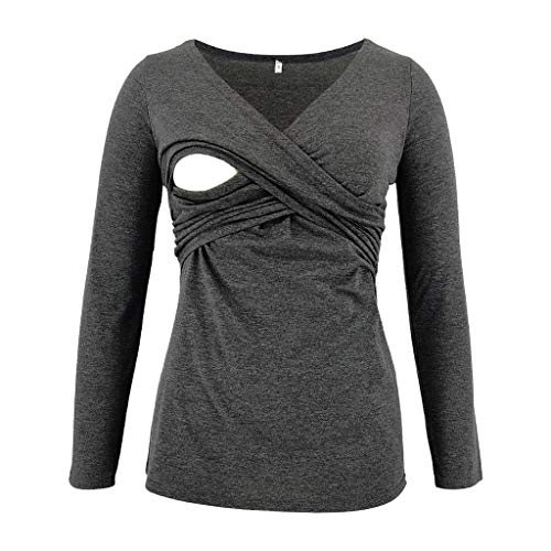 Covermason Maternité - Rayures Tee Shirt de Grossesse VêTements De Maternité pour Femmes Tops d'allaitement VêTements à Manches Longues pour T Shirt de Grossesse Blouse Enceinte (06-Gris/Foncé,L)