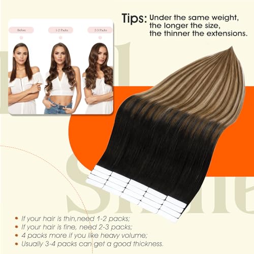Image of Full Shine Hair Extensions Remy Tape in Hair Extensions Human Hair 14Inch Tape in Extensions Black To Brown Mixed Blonde Hair Extension Seamless Straight 50G 20Pcs for Women