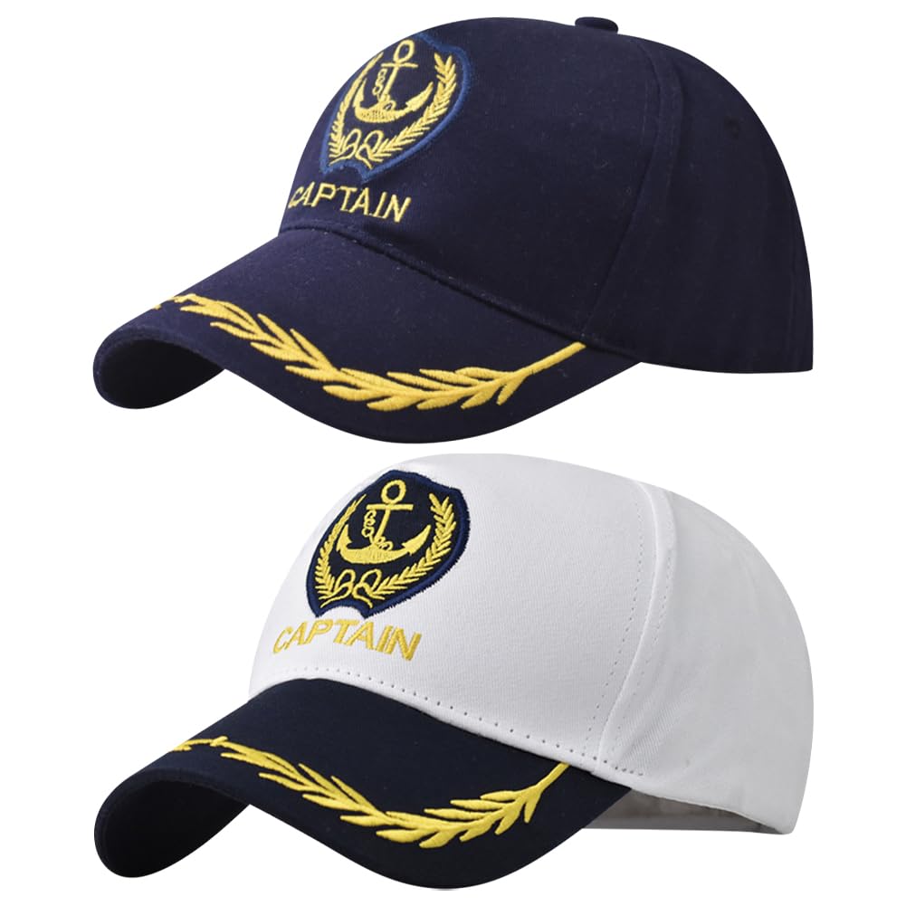 2Pcs Anchor Embroidered Captain Hat Skipper Boating Baseball Caps Adjustable Nautical Yacht Navy Marine Sailor Trucker Hat for Women Men - White & Navy