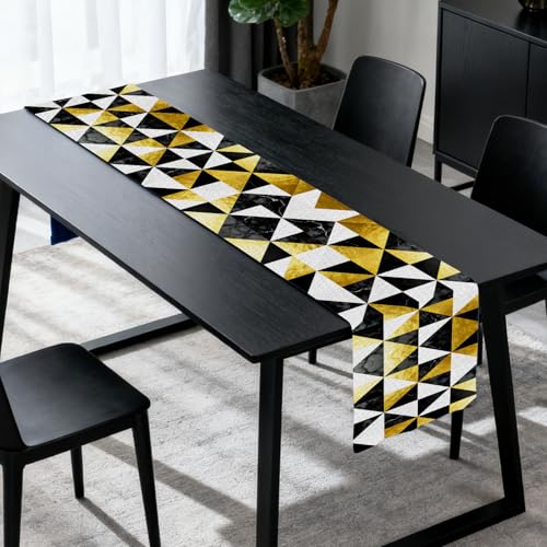 Image of Nuxovilar Gold Triangle Table Runner Flax 13x72 in | Holiday Runner Flax Placemats Dining Accessories Set Formal Dinner Event Room (Black Gold White Triangle)
