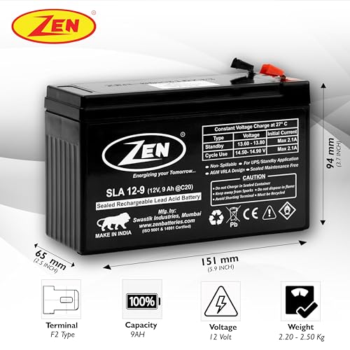 ZEN 12 Volt 9 Ah SMF/VRLA Battery |Solar for UPS, Inverters, and Solar Applications. - Image 2