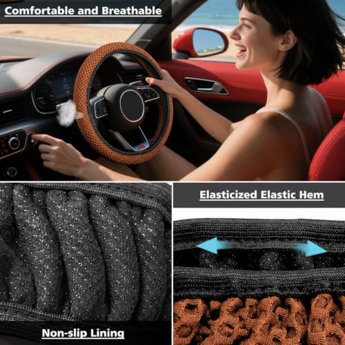 Image of KAFEEK Elastic Stretch Steering Wheel Cover, Universal 15 Inch, Brown
