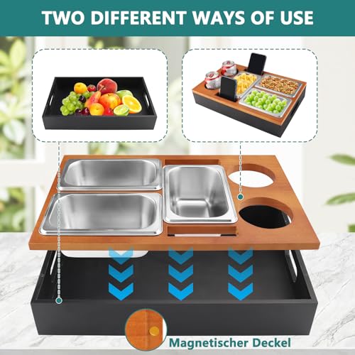Foydream Couchbar Snackbox, Sofa Tablett Holz mit 3 Snackschalen, 2 Getränkehalter and Handyhalterung, Couch Bar Snackbar für Wohnzimmer Schlafzimmer Garten Camping, Schwarz