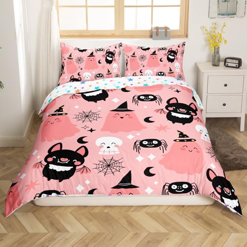 Feelyou Juego de ropa de cama para niños y niñas, diseño de murciélago de Halloween, color rosa, tamaño Queen, funda de edredón suave y ligera